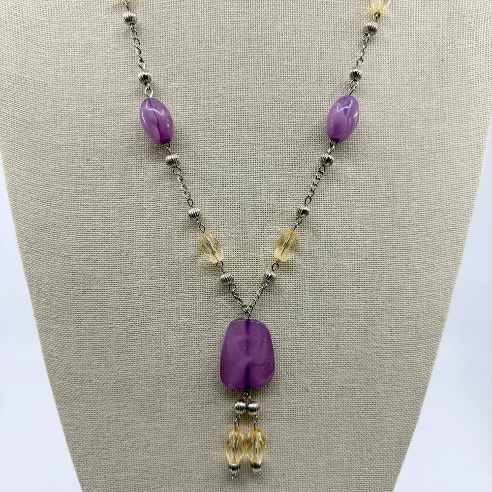 Necklace Vintage Y Drop Purple Yellow Beads Silver Tone Boho Statement Pendant
